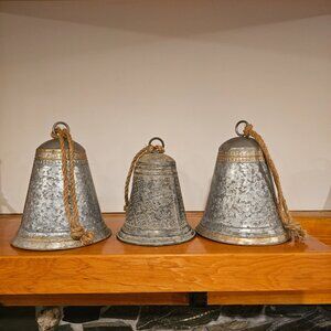 Set of 3 Galvanized Farmhouse Vintage Style Metal Filigree Bells